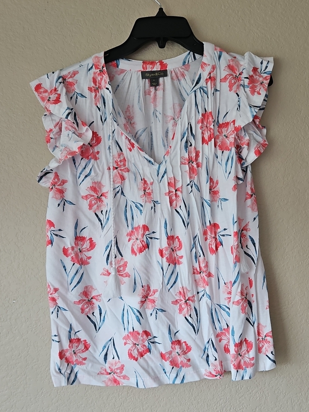 Style & Co. White Floral Ruffle Sleeve V-Neck Top